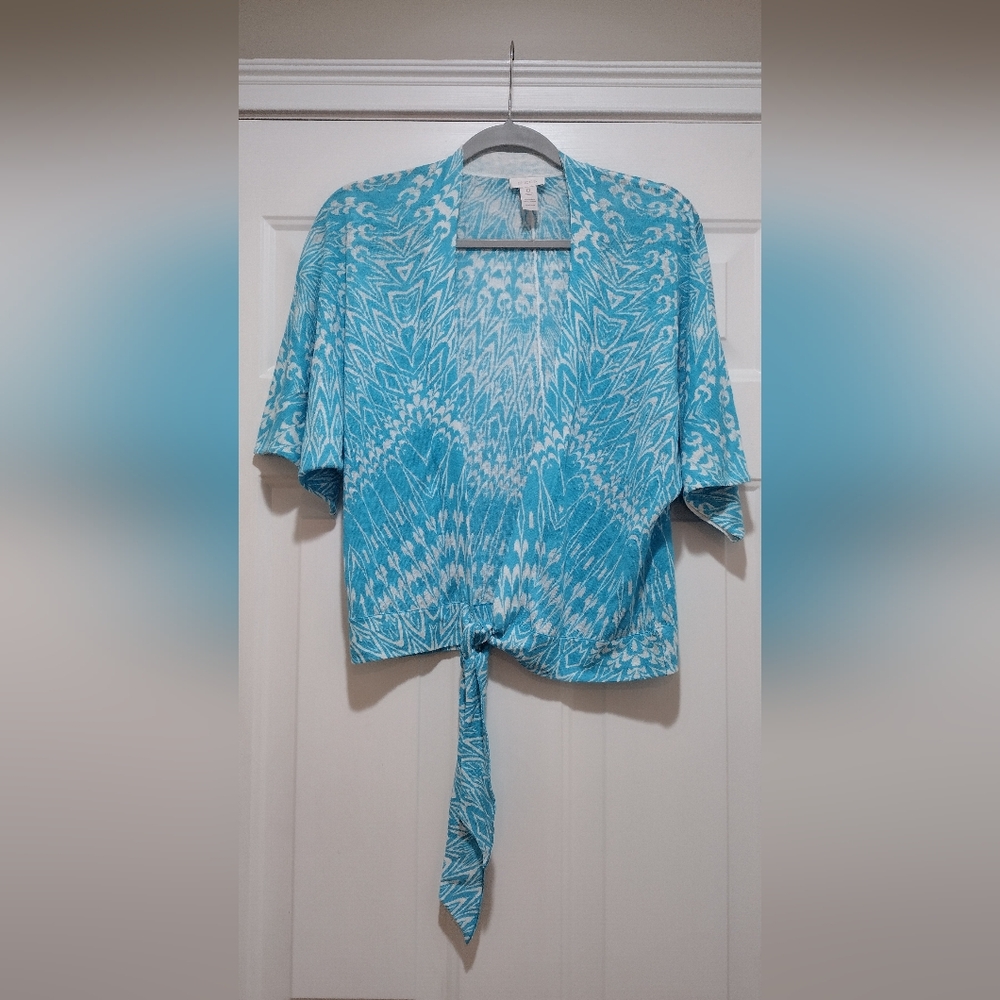 Chicos Size Small Linen Blend Knit Tie Beachy Blouse - Picture 3 of 6